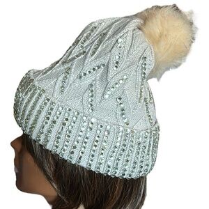 Cable Knit Rhinestone Embellished Sparkle Beanie Faux Fur Ball in Beige